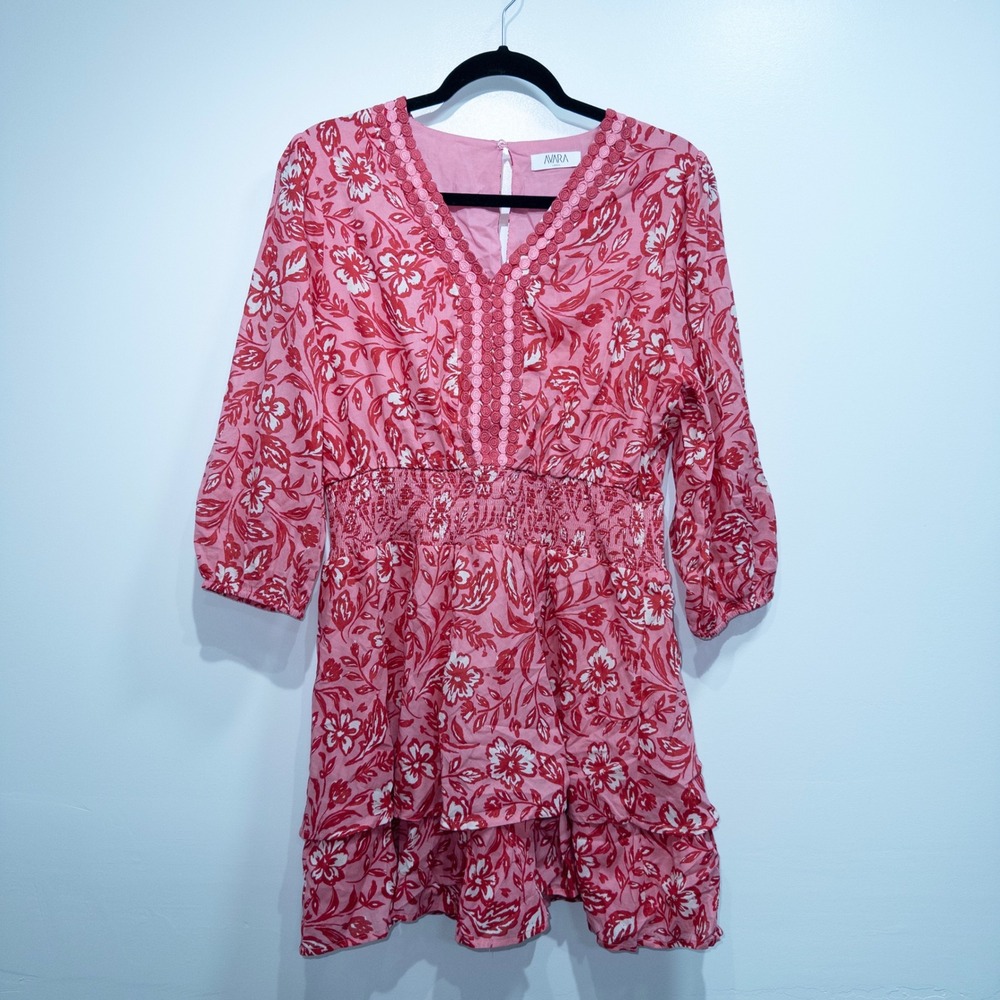 Avara Pink & Red Floral Thea Fit & Flare Dress Large